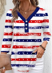 Navy Button Striped 3/4 Sleeve V Neck T Shirt