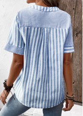 Light Blue Patchwork Striped Short Sleeve Split Neck Blouse | thumb picture 
