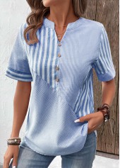 Light Blue Patchwork Striped Short Sleeve Split Neck Blouse