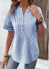 Light Blue Patchwork Striped Short Sleeve Split Neck Blouse | thumb picture 