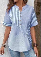 Light Blue Patchwork Striped Short Sleeve Split Neck Blouse | thumb picture 