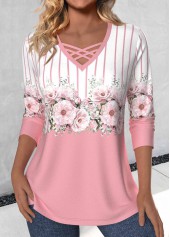Pink Criss Cross Floral Print Long Sleeve T Shirt