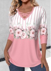 Pink Criss Cross Floral Print Long Sleeve T Shirt | thumb picture 