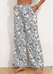 White Pocket Leaf Print Elastic Waist High Waisted Pants