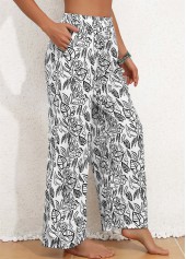 White Pocket Leaf Print Elastic Waist High Waisted Pants