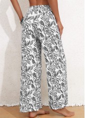 White Pocket Leaf Print Elastic Waist High Waisted Pants