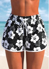 High Waisted Floral Print Black Swim Shorts