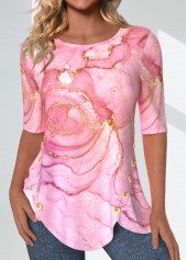 Pink Split Marble Print Half Sleeve T Shirt