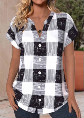 Black Button Plaid Short Sleeve V Neck Blouse