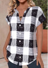 Black Button Plaid Short Sleeve V Neck Blouse | thumb picture 