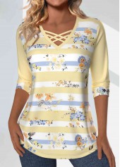 Light Yellow Patchwork Striped 3/4 Sleeve T Shirt