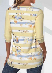 Light Yellow Patchwork Striped 3/4 Sleeve T Shirt | thumb picture 