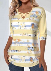 Light Yellow Patchwork Striped 3/4 Sleeve T Shirt | thumb picture 