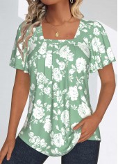Sage Green Tuck Stitch Floral Print T Shirt