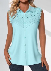 Light Blue Tuck Stitch Sleeveless Shirt Collar Tank Top