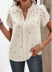 Beige Ruched Heart Print Short Sleeve Split Neck Blouse