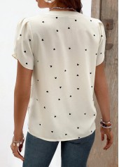 Beige Ruched Heart Print Short Sleeve Split Neck Blouse | thumb picture 