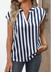 Navy Split Striped Short Sleeve Blouse | thumb picture 