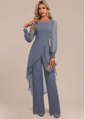 Dusty Blue Patchwork Long Scoop Neck Jumpsuit
