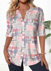 Light Pink Button Geometric Print 3/4 Sleeve Blouse