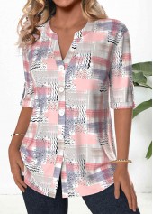 Light Pink Button Geometric Print 3/4 Sleeve Blouse | thumb picture 