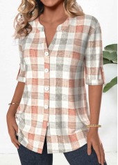 Orange Button Plaid 3/4 Sleeve Split Neck Blouse | thumb picture 