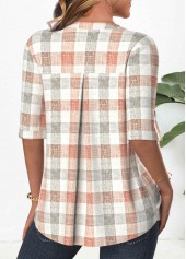Orange Button Plaid 3/4 Sleeve Split Neck Blouse | thumb picture 