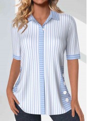 Light Blue Patchwork Striped Half Sleeve Shirt Collar Blouse