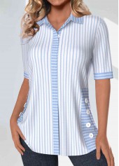 Light Blue Patchwork Striped Half Sleeve Shirt Collar Blouse | thumb picture 