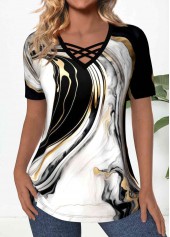 Black Criss Cross Marble Print Short Sleeve T Shirt