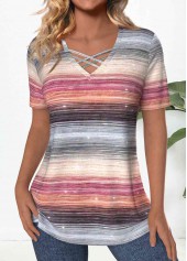 Multi Color Criss Cross Striped Short Sleeve T Shirt