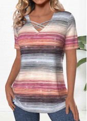 Multi Color Criss Cross Striped Short Sleeve T Shirt