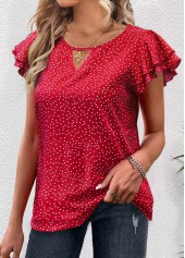 Red Cut Out Polka Dot Short Sleeve Blouse