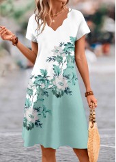 Sage Green Scalloped Hem Floral Print A Line Dress