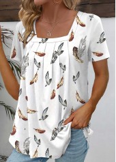 White Ruched Feathers Print Short Sleeve T Shirt