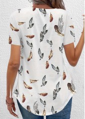 White Ruched Feathers Print Short Sleeve T Shirt | thumb picture 
