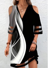 Black Mesh Geometric Print A Line 3/4 Sleeve Dress