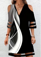 Black Mesh Geometric Print A Line 3/4 Sleeve Dress | thumb picture 