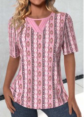 Pink Cut Out Tribal Print Short Sleeve T Shirt