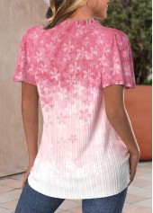 Pink Button Floral Print Short Sleeve Split Neck Blouse | thumb picture 