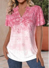 Pink Button Floral Print Short Sleeve Split Neck Blouse | thumb picture 
