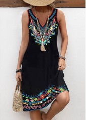 Black Breathable Tribal Print A Line Sleeveless Dress