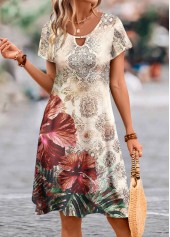 Multi Color Cut Out Floral Print A Line Dress