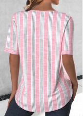 Light Pink Button Striped Short Sleeve Split Neck Blouse | thumb picture 
