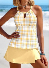 Cut Out Plaid Light Yellow Tankini Set