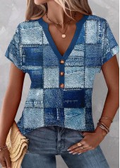 Blue Button Geometric Print Short Sleeve Split Neck Blouse