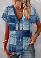 Blue Button Geometric Print Short Sleeve Split Neck Blouse
