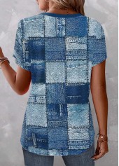 Blue Button Geometric Print Short Sleeve Split Neck Blouse