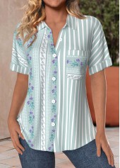 Green Pocket Striped Short Sleeve Shirt Collar Blouse