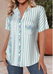 Green Pocket Striped Short Sleeve Shirt Collar Blouse | thumb picture 